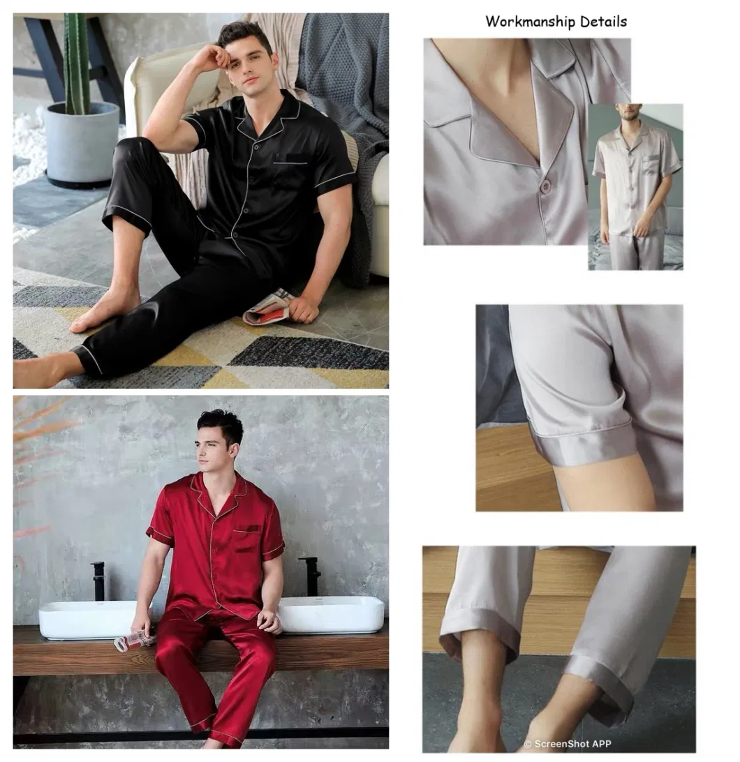 Custom Men&prime;s 2 Piece Pure Silk Pajama Top and Bottoms with Short Sleeves